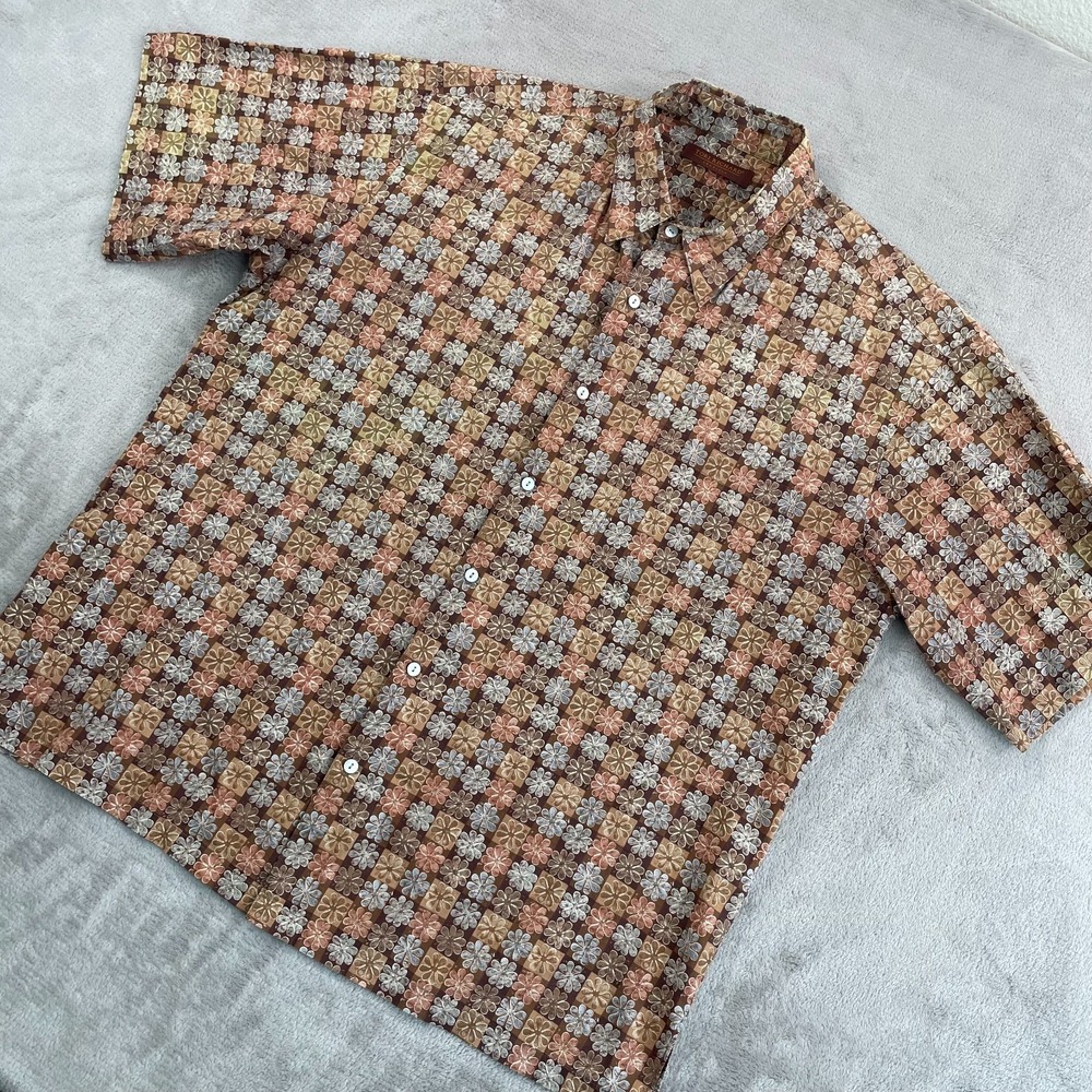 Tori Richard Shirt Mens XL Brown Multi Geometric Leaf Print Hawaiian Cotton USA